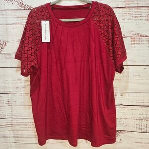 LALAGEN Red Lace Raglan Sleeve Pleated Neck Top Blouse Women‎ 3X NEW!!